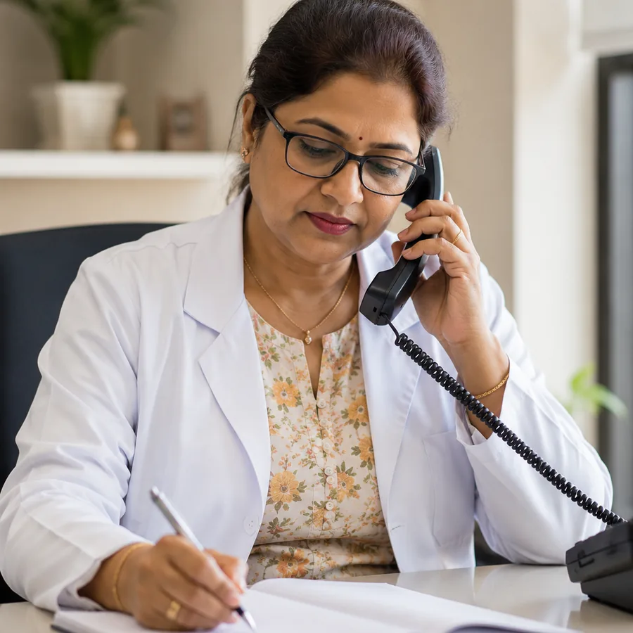A doctor taking a telephone call and writing in a register