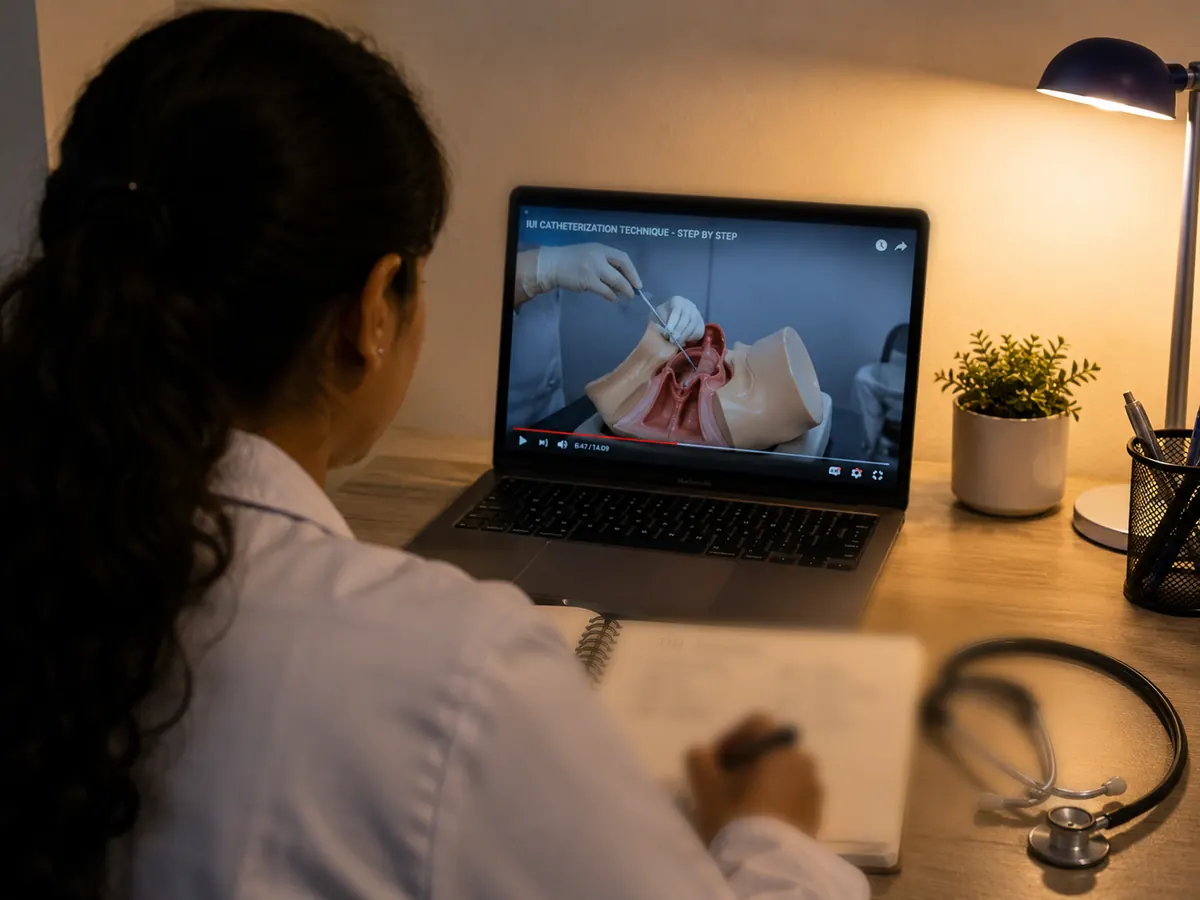 A trainee watching a recorded IUI demonstration on a laptop and taking notes