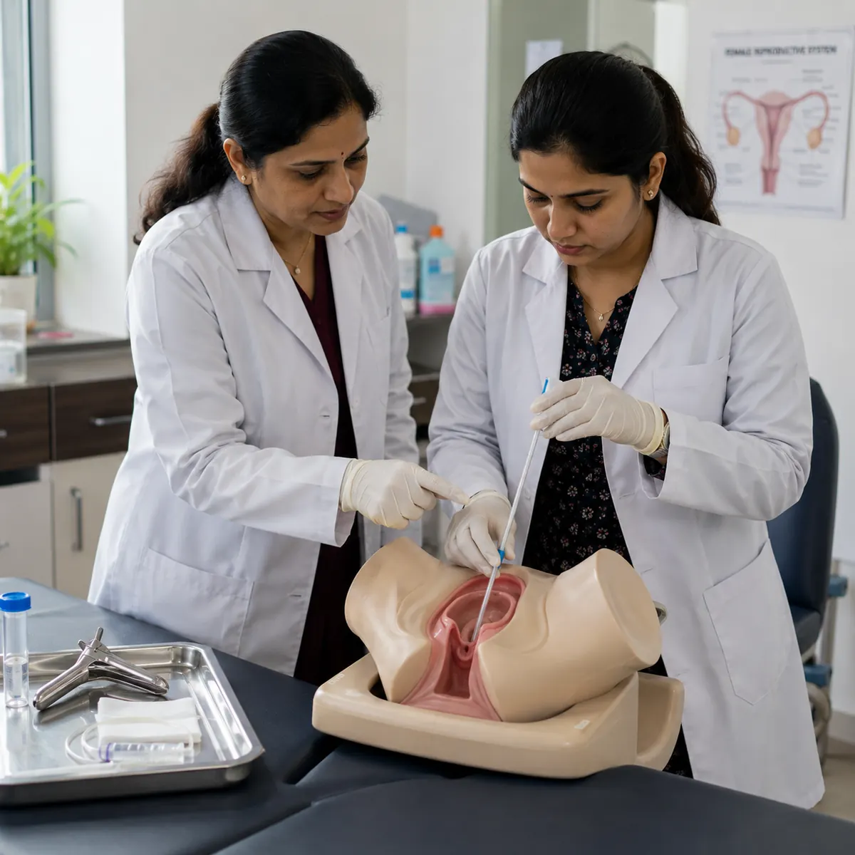 A trainee practising an intrauterine insemination catheter on a pelvic training simulator, guided by a senior clinician
